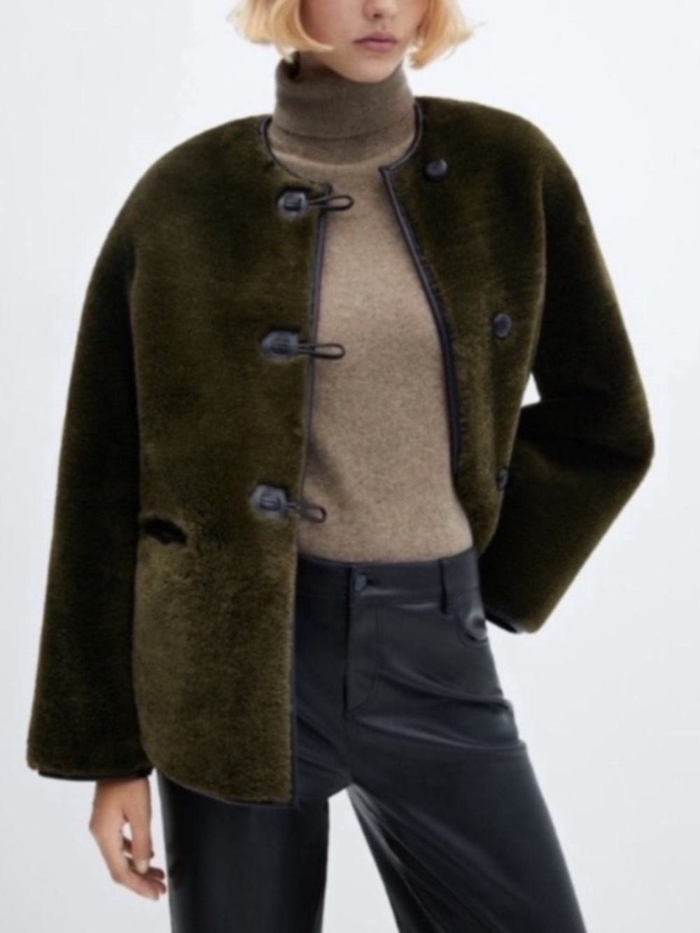 MANGO Forest Green Collarless Faux Fur Coat